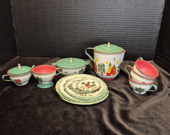 Ohio Art Lithograph Tin Kitchen Dishes Cups Tea Pot