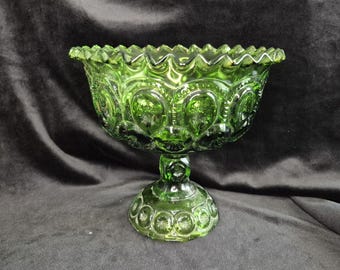 L.E. Smith Green Moon and Stars Pedestal Compote Bowl Crimped Ruffled Edge
