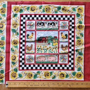 May include: A red and white fabric with a farm-themed design. The center features a checkerboard pattern with illustrations of cows, a barn, sunflowers, chickens, and pigs. The border has sunflowers and a red polka dot pattern.