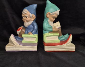 Pair Chalk Ware Gnomes or Elves Book Ends