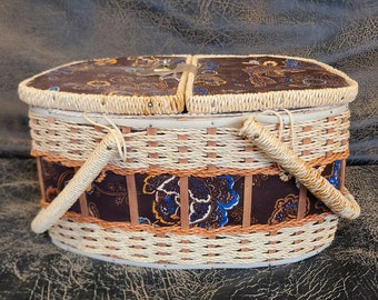 Sears Best Woven Sewing Basket made in Korea Brown Fabric Complete