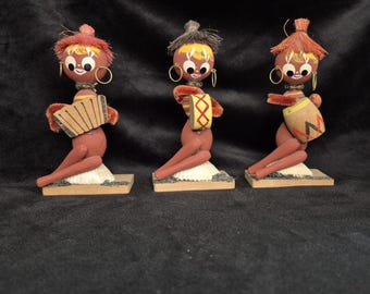 Set of Three Shell and Wood Musicians Florida Souvenir Figures Mid Century Fold Art