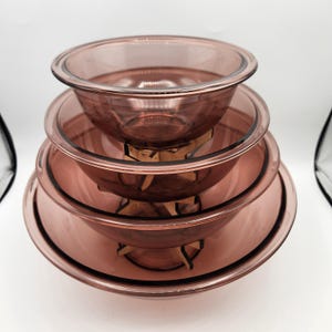 Complete Set of Four Cranberry Pyrex Mixing Bowls