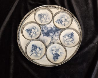 Hand Painted Porcelain Coaster Set German Blue & White Grape Clusters