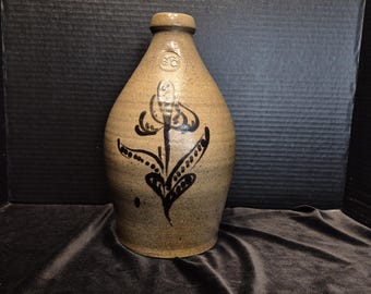 1 Gallon Salt Glaze Stoneware Jug Brown Slip Tulip Decor Stamped esc Circle