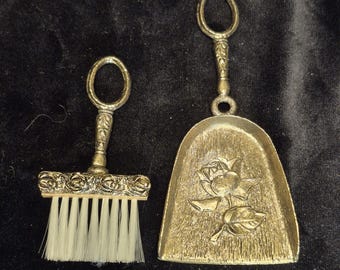 Celeste Vintage Ornate Brass Rose Crumb Brush and Pan Small