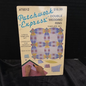 May include: A Patchwork-Express Double Wedding Ring template set package featuring a 5-piece laser-cut design. The packaging displays the product name, item number 78012, and a graphic of a colorful interlocking ring quilt pattern.