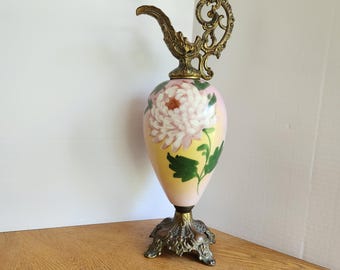 アンティーク アールヌーボー 手描きガラス水差し、真鍮塗装金属台座