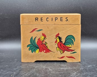 Painted Roosters Wooden Recipe Box Made in Japan