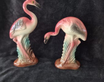 Pair Porcelain Pink Flamingos - Florida Beach Decor