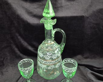 Green Bohemian Hand Painted Glass Decanter with Two Cups