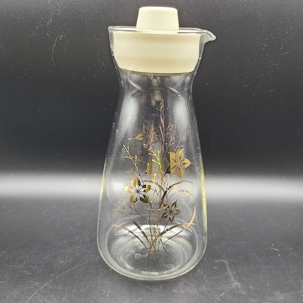 Pyrex Glass Carafe Decanter Pitcher Gold Flowers with Lid