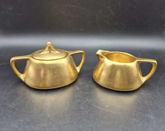 Pickard China Gilded Creamer and Sugar Set Weeping Gold Baroque