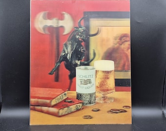 Anuncio lenticular 3D de licor de malta Schlitz con un toro, 1969