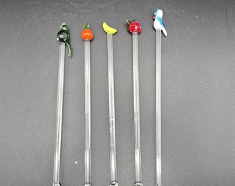 Glass Lamp Work Fruits and Birds Swizzle Sticks