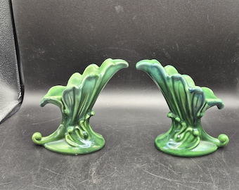 Pair Royal Haeger Pottery Green Leaf Cornucopia Candle Stick Holders
