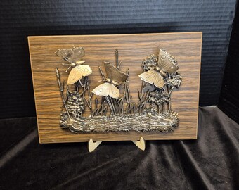 Vintage 3D Metal and Wood Butterfly Plaque