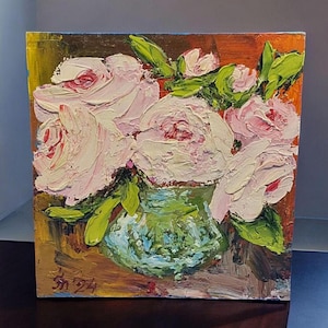 Flores Peonías Pintura al óleo original Ramo Jarrón Arte semiabstracto Para ella Regalo para mamá Obra de arte original de pared del artista ucraniano 1