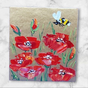 Poppy & Wildflower Oil Painting: Honey Bee Art, Small Wall Art