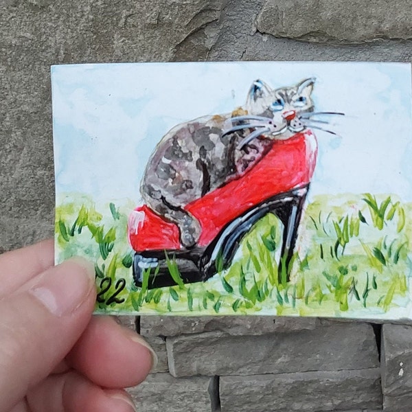 ACEO Kitten Mini Painting Summer Art Red Shoes Painting Pets Collectible card Children's Gift Original Artwork by Ukrainian Artist
