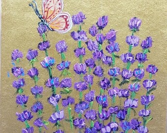 Lavender Butterfly Impasto Oil Painting: Floral Miniature Art (4.7x4.3 in)