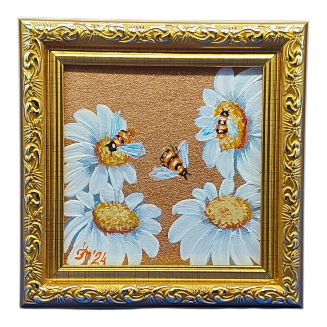 Bumblebee Daisies Original Painting Honey Bee Wildflowers Gold Framed ...