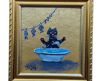 面白い黒猫のオリジナル絵画 ゴールドフレーム ミニアールデコ ペット動物 オリジナルアートワーク 小さな壁アート 4.8x4.3、No2