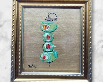 Kitchen Story Series No2 – Olive Painting 4.8x4.3 in, Original Oil Art in Gold Frame, Ready to Hang, Kitchen Wall Decor