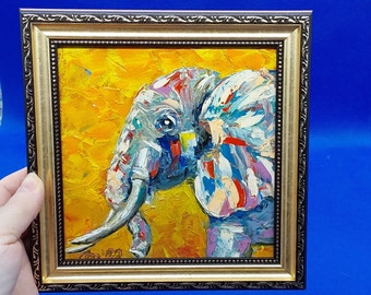 Mini peinture éléphant Art animaux d'Afrique, cadeau pour bébé, peinture pour chambre d'enfant, peinture de chevet, oeuvre d'art originale par un artiste ukrainien