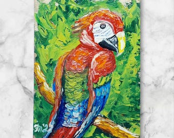 キャンバスに描かれたオウムの絵画 小鳥の油絵 オリジナルのオウムの壁