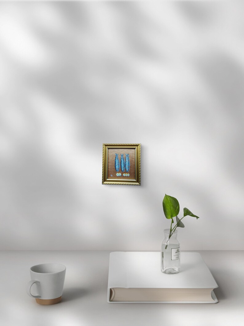 キッチンストーリーシリーズ No.9 - イワシの絵画 4.8x4.3インチ オリジナルアクリルアート ゴールドフレーム すぐに飾れる キッチン壁飾り 画像 12