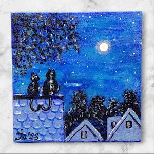 Black Cat on the Roof Original Painting Pets Art Love Night Landscape Moon Stars Village Landscape Gift Original Artwork by Ukrainian Artist