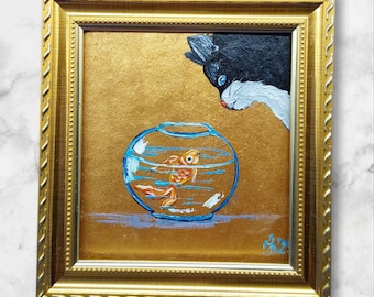 Funny Black Cat Original Oil Painting Gold Fish Gold Frame