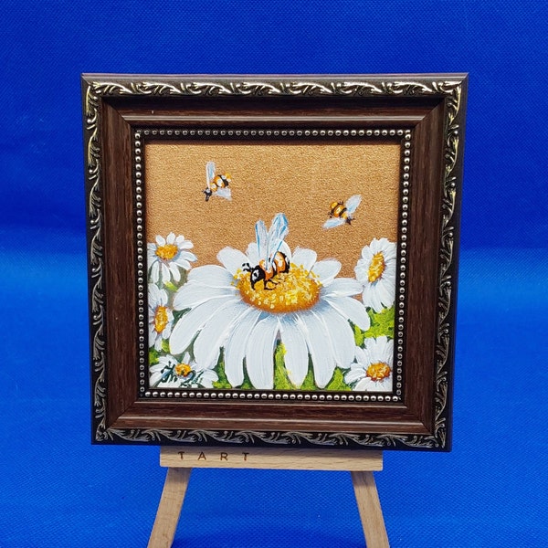 Flower Daisies Original acrylic Painting Honey bee Summer Landscape Wildflowers  Painting Original Artwork Wall Art by Ukrainian Artist