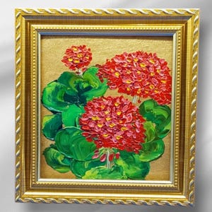 Red Geranium Original Oil Painting Gold Frame Flowers Gift for mom impasto Painting Gift For Her wall art original artwork 4,8x4,3