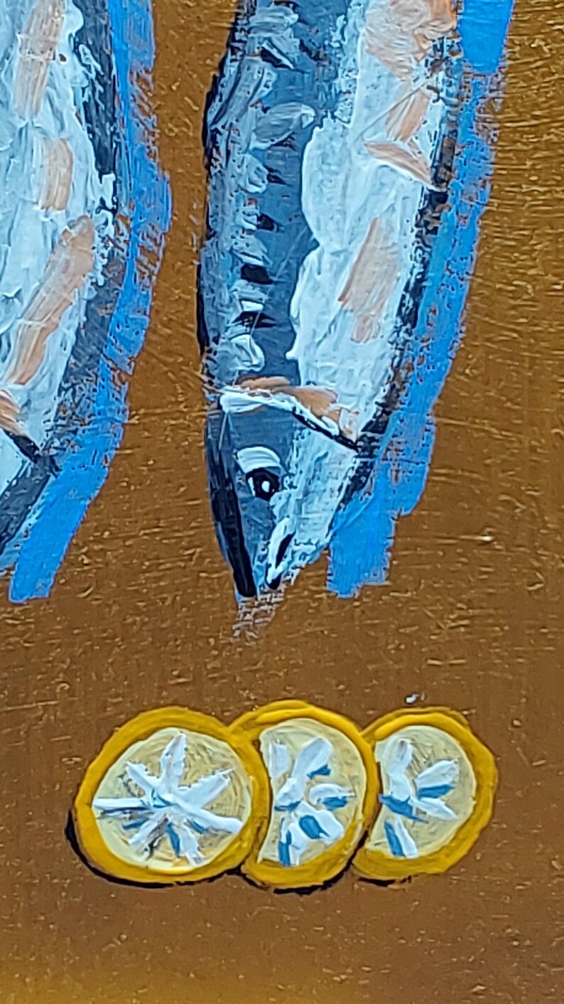 キッチンストーリーシリーズ No.9 - イワシの絵画 4.8x4.3インチ オリジナルアクリルアート ゴールドフレーム すぐに飾れる キッチン壁飾り 画像 14