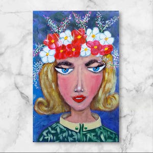 Funny Girl Portrait Modern Original Painting Acrylic Woman in a Flowers Original Abstract Face wall art original artwork by Ukrainian artist