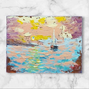 Impasto Sailboat Painting: Tropical Seascape Art, 6x8 Original Oil on Board