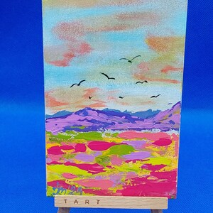 Birds Mountains Mini Painting Poppies Mountain Landscape Summer Small Painting Meadow Flower National Park Original Artwork Ukrainian Artist image 2