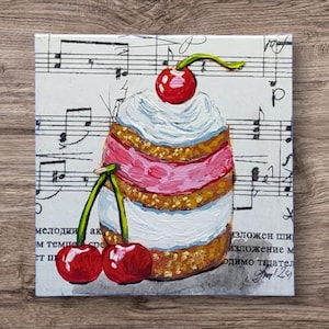 Miniature Cake Painting: Original Kitchen Dessert Art, 4x4&quot;