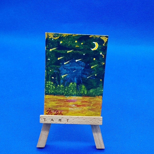 ACEO Starfall Summer Scenery Mini Painting Moonlight Night Original ACEO Night Scenery ACEO Nature Collectible Postcard Romantic Painting