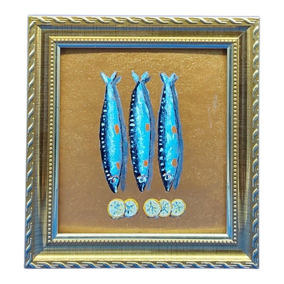 Kitchen Story Series No9– Sardines Painting 4.8x4.3 in, Original Acrylic Art in Gold Frame, Ready to Hang, Kitchen Wall Decor
