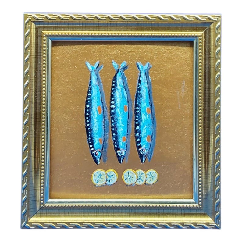 キッチンストーリーシリーズ No.9 - イワシの絵画 4.8x4.3インチ オリジナルアクリルアート ゴールドフレーム すぐに飾れる キッチン壁飾り 画像 1