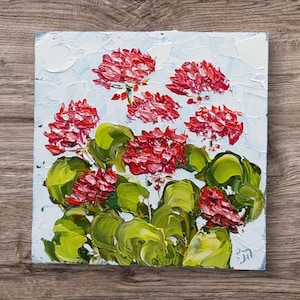 Red Geranium Original Painting 3D Flowers Gift for Mom Impasto Painting Gift For Her Wall Art Original Artwork by Ukrainian Artist 4 by 4