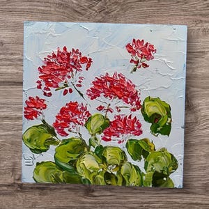Red Geranium 3D Original Painting Flowers Gift for Mom Impasto Painting Gift For Her Wall Art Original Artwork by Ukrainian Artist 4 by 4