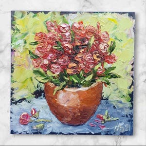 3D Red Roses Impasto Painting: Original Floral Art Deco Oil Artwork