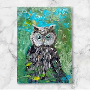 Pintura original de coruja: arte acrílica de pássaros da floresta, 5x7, obra de arte assinada