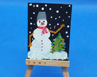 ACEO Snowman Mini Picture Christmas ACEO Winter Fairy Tale Original Postcard Romance Small Picture Original Artwork by Ukrainian Artist