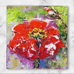 Original Poppy Oil Painting: Impasto Floral Art, 4x4&quot;