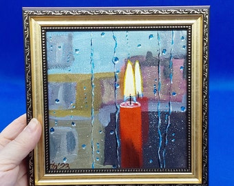Summer rain. Candle on the window. Original acrylic painting. Small painting. Wall art. Ooak